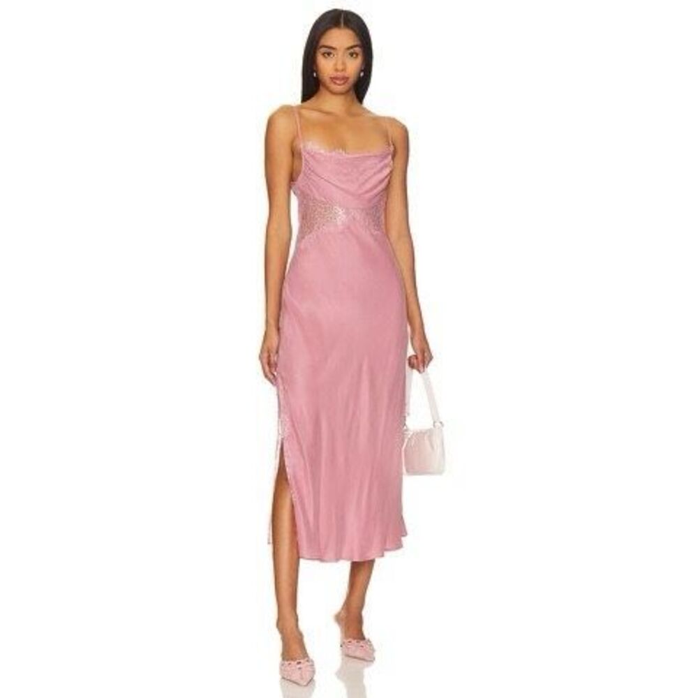 NWT For Love & Lemons Cowl Neck Lace Trim Ruby Slip Midi Dress Mauve Small $189